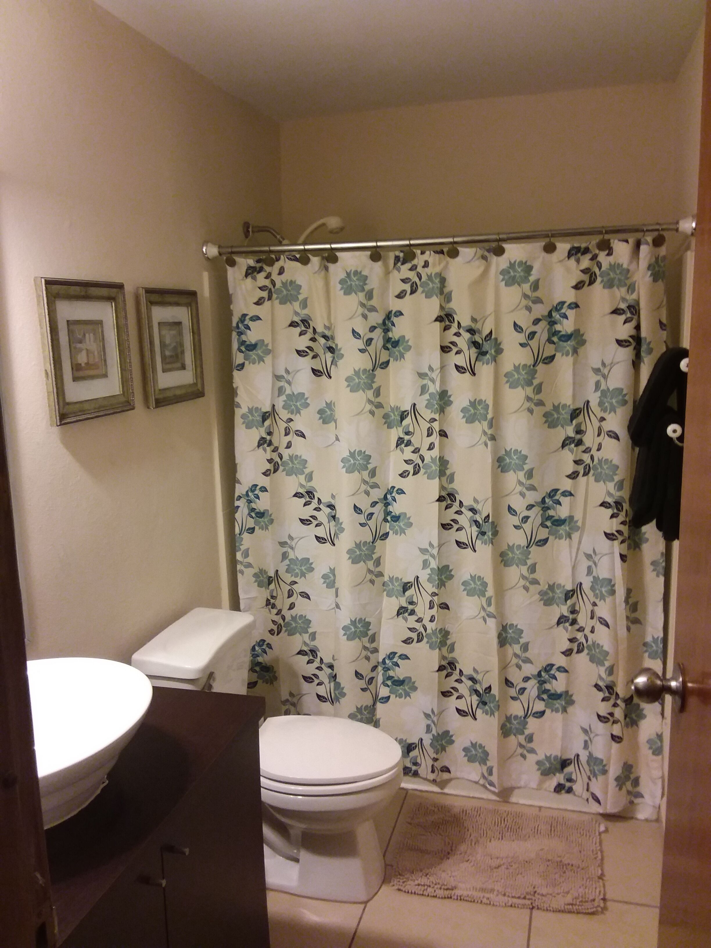 A bathroom with a toilet, a sink, and a shower curtain with a floral pattern.