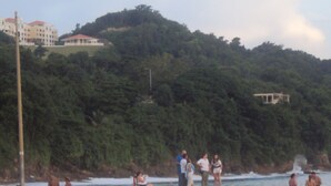 Una playa con gente tomando el sol y nadando. Se observa un edificio al fondo y una colina con árboles.