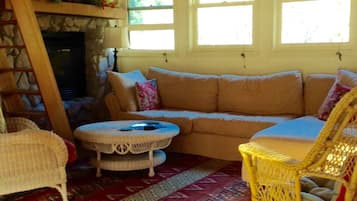 Smart TV, lareira, DVD player, livros