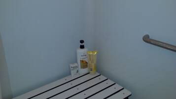Shower, hair dryer, towels, soap