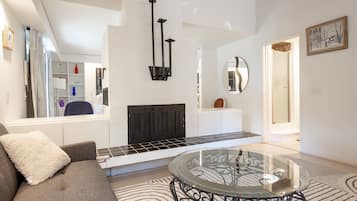 Smart TV, fireplace, DVD player, books