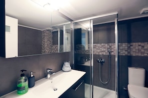Apartamento, 2 quartos | Banheiro | Chuveiro, secador de cabelo, toalhas de banho, sabonete