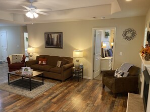 TV connectée, cheminée, lecteur de DVD, livres