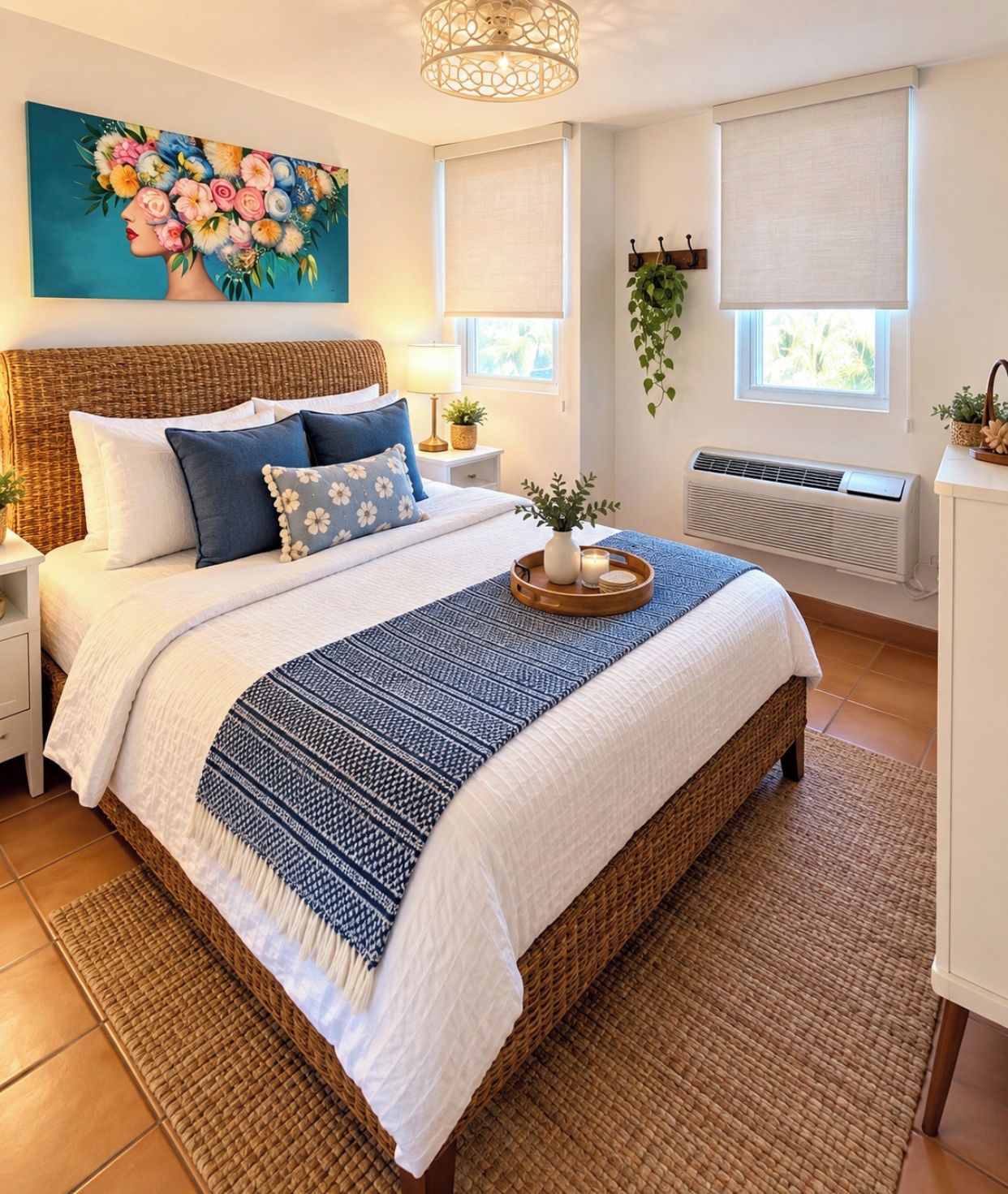 A bedroom with a large bed, a headboard, a bedside table, a nightstand, a wall-mounted lamp, a window with a blind, a radiator, and a hanging plant.
