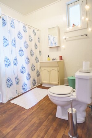 Combined shower/tub, hair dryer, towels, soap