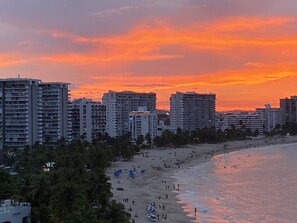 On the beach, sun-loungers, beach towels