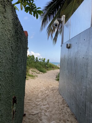 On the beach, sun-loungers, beach towels