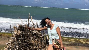 On the beach, sun loungers, beach towels