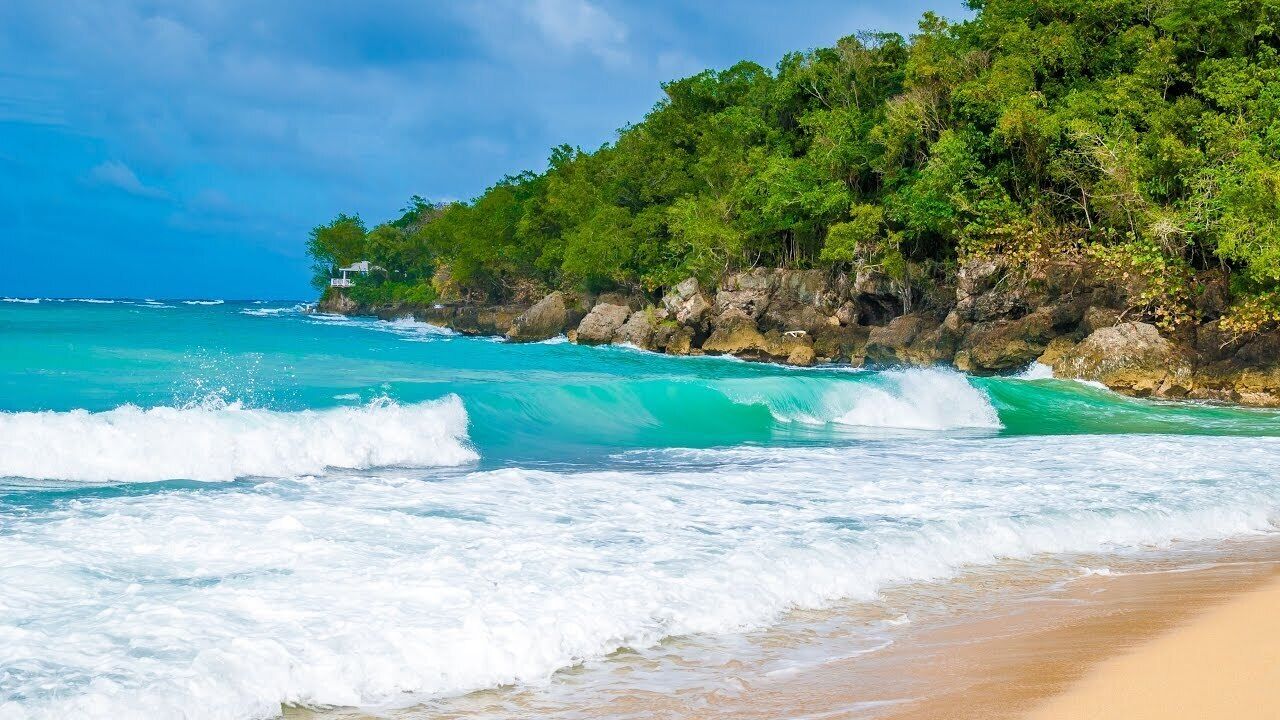 A beach with turquoise waves, a sandy shore, and a forested cliff.