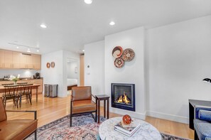 TV, fireplace, books