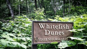 Señal para el Área Natural Estatal de Whitefish Dunes rodeada de follaje denso.