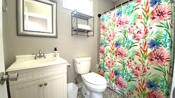 Combined shower/bathtub, hair dryer, towels, toilet paper