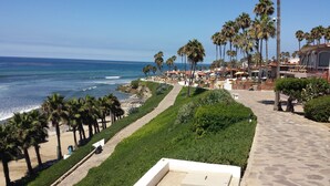 A coastal resort with a paved walkway, palm trees, and ocean views.