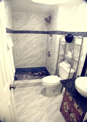 Douche, baignoire Ă jets, sĂšche-cheveux, serviettes fournies