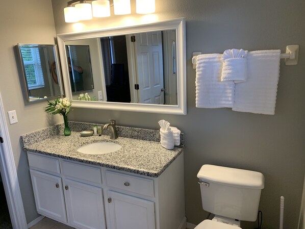Une salle de bain dotée d’un lavabo avec un plan de travail en granit, d’un miroir, de toilettes et d’un porte-serviettes sur lequel sont disposées plusieurs serviettes.