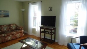 Un salon avec un canapé, une table basse, un téléviseur posé sur un meuble et un fauteuil.
