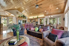 Smart TV, fireplace, books