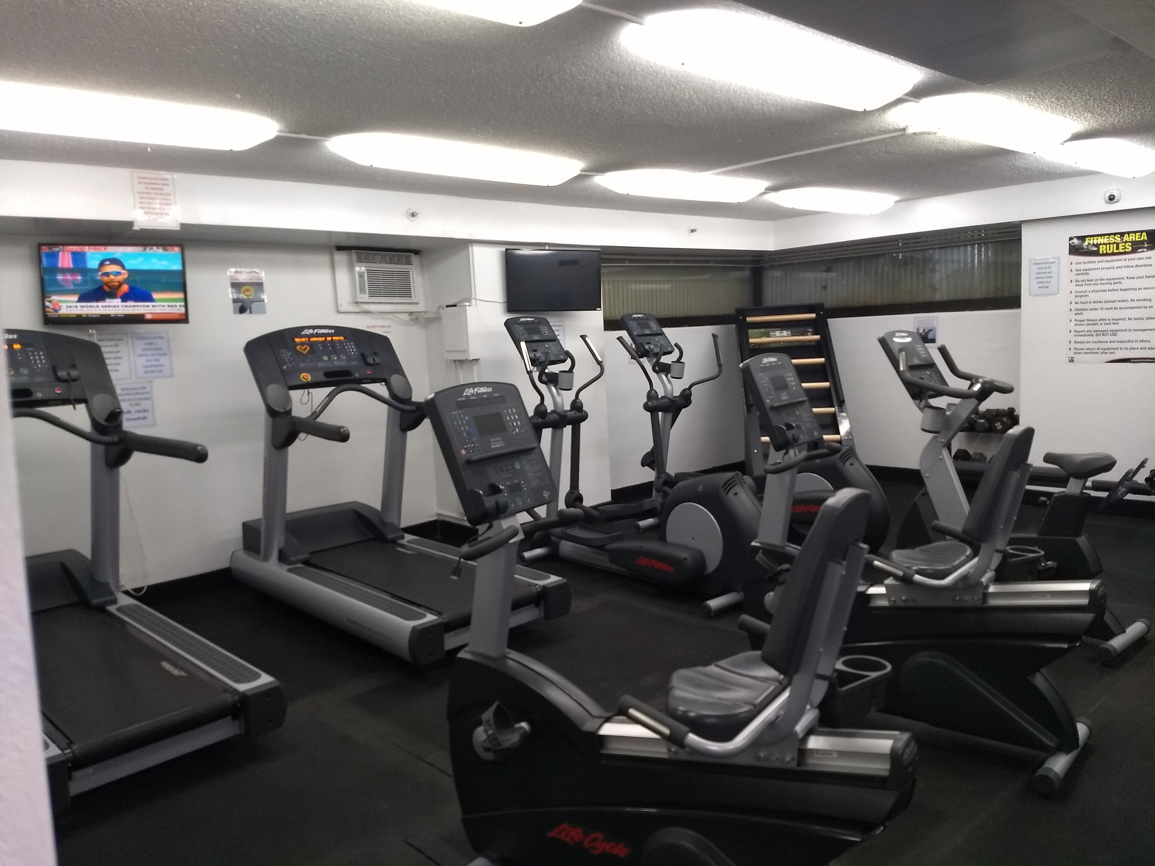 Une salle de sport équipée de plusieurs tapis de course, de plusieurs appareils elliptiques et d’un téléviseur diffusant un événement sportif.