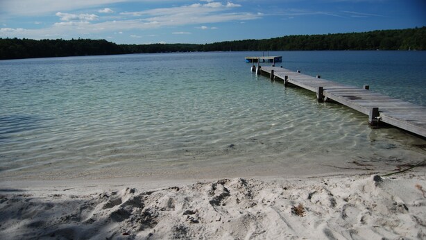 A wooden pier extending into a calm lake with clear water and a sandy beach. - Cottage on Beautiful Long Pond  with Fantastic Sandy Lakefront Beach (Plymouth)