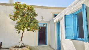 Un patio con un árbol frutal, una puerta con contraventanas azules y una fachada de edificio blanca.