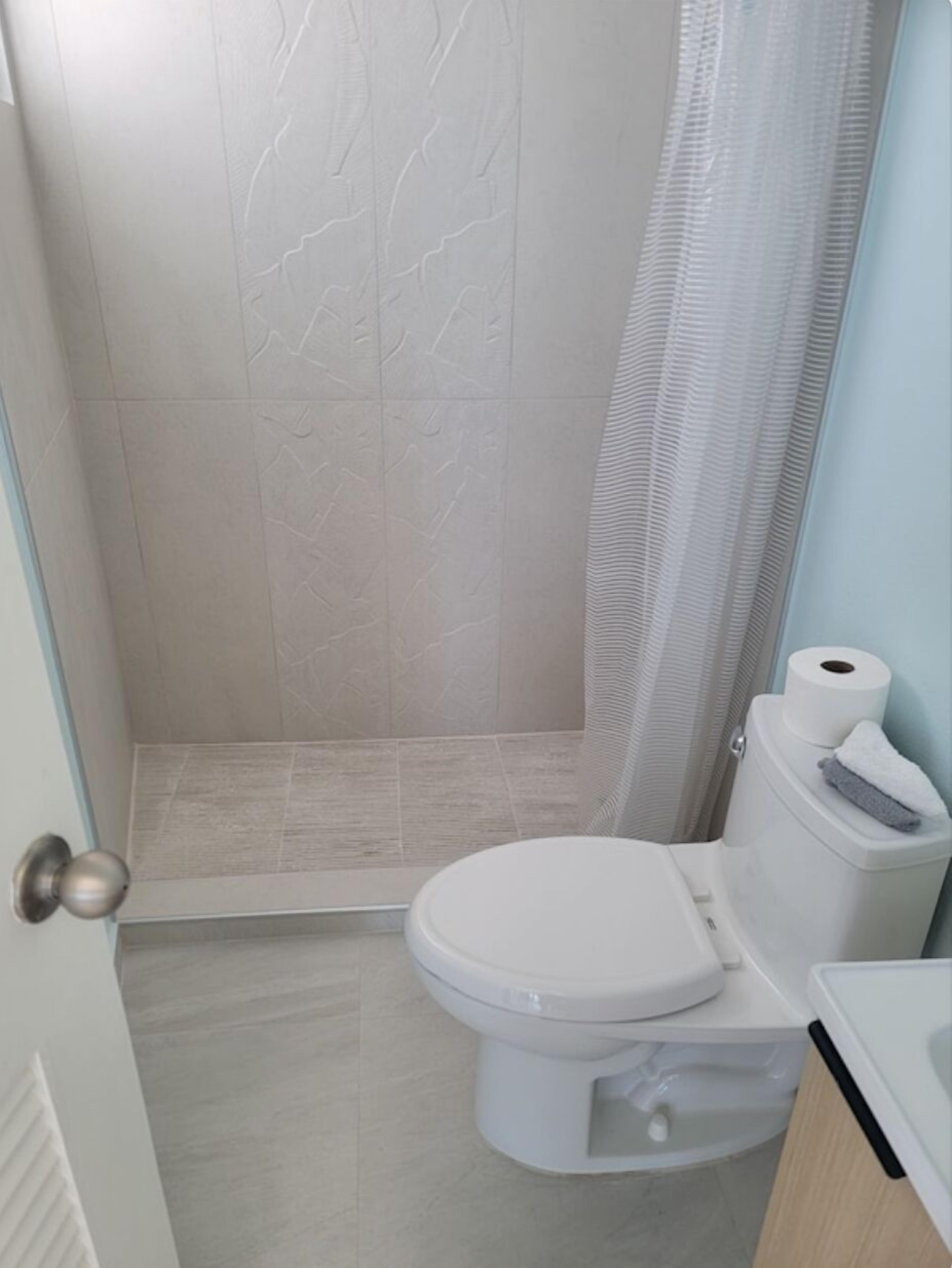 Bathtub, hair dryer, towels, soap