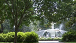 Un parque con una fuente, rodeado de árboles y una valla.