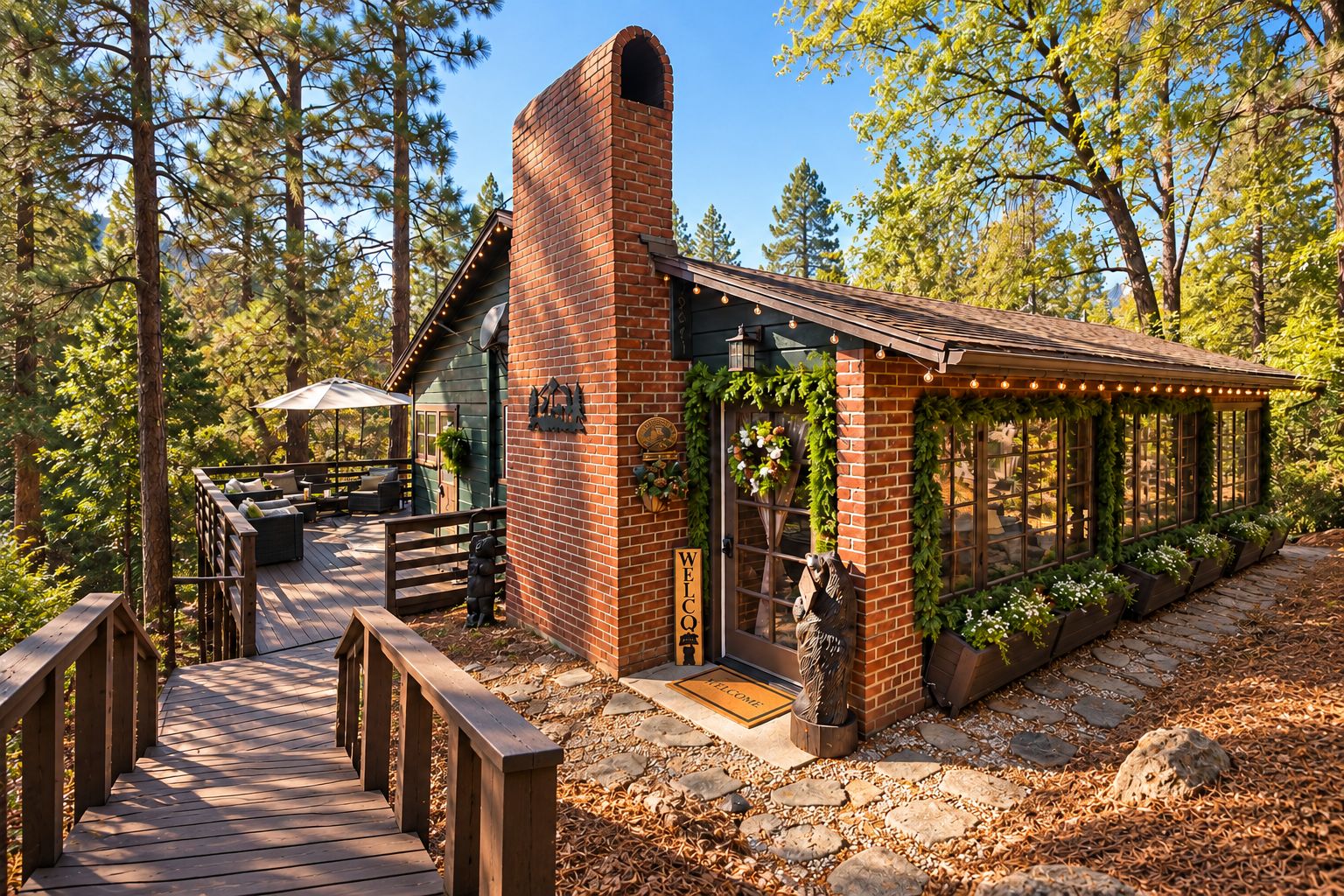 A rustic cabin with a brick chimney, a deck with outdoor furniture, and a glass-enclosed porch with plants.