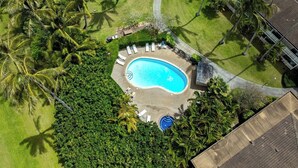 An aerial view of a resort with a swimming pool surrounded by palm trees and lounge chairs. - Deluxe 1 Bedroom Ocean View Condo 5 minute walk to beach, hot tub and pools  (Kapaa)