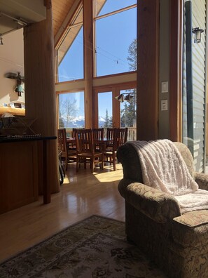 TV connectée, cheminée, lecteur de DVD, livres