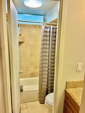 A bathroom with a bathtub, toilet, and a shower curtain.