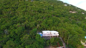 Ein Haus, umgeben von dichtem Wald, mit Swimmingpool und befestigter Auffahrt.