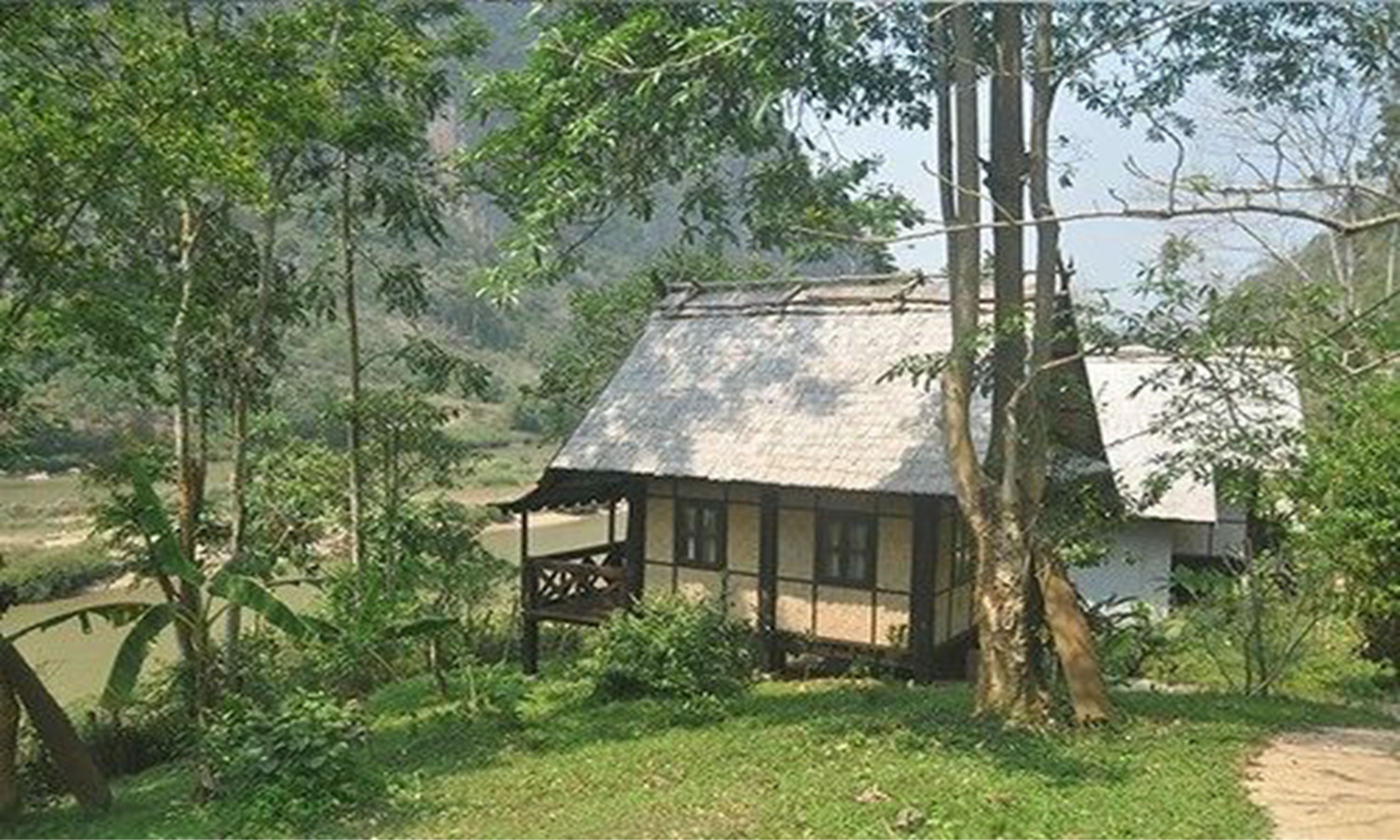 A rustic house with a thatched roof, surrounded by lush greenery and trees.