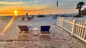 Private beach, sun loungers, beach towels