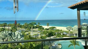 A view of a beach with a rainbow, palm trees, and a pool area.