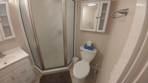 A bathroom with a glass shower enclosure, a white toilet, a sink with a mirror, and a cabinet above the toilet. - A Short Walk Everywhere - Great Fall and Spring Rates (Ogunquit)