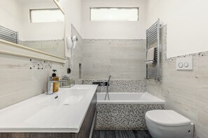 Combined shower/tub, hair dryer, bidet, towels