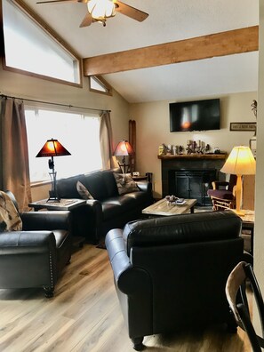 Smart TV, fireplace, DVD player, video library