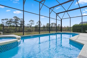 Outdoor pool, a heated pool, pool loungers