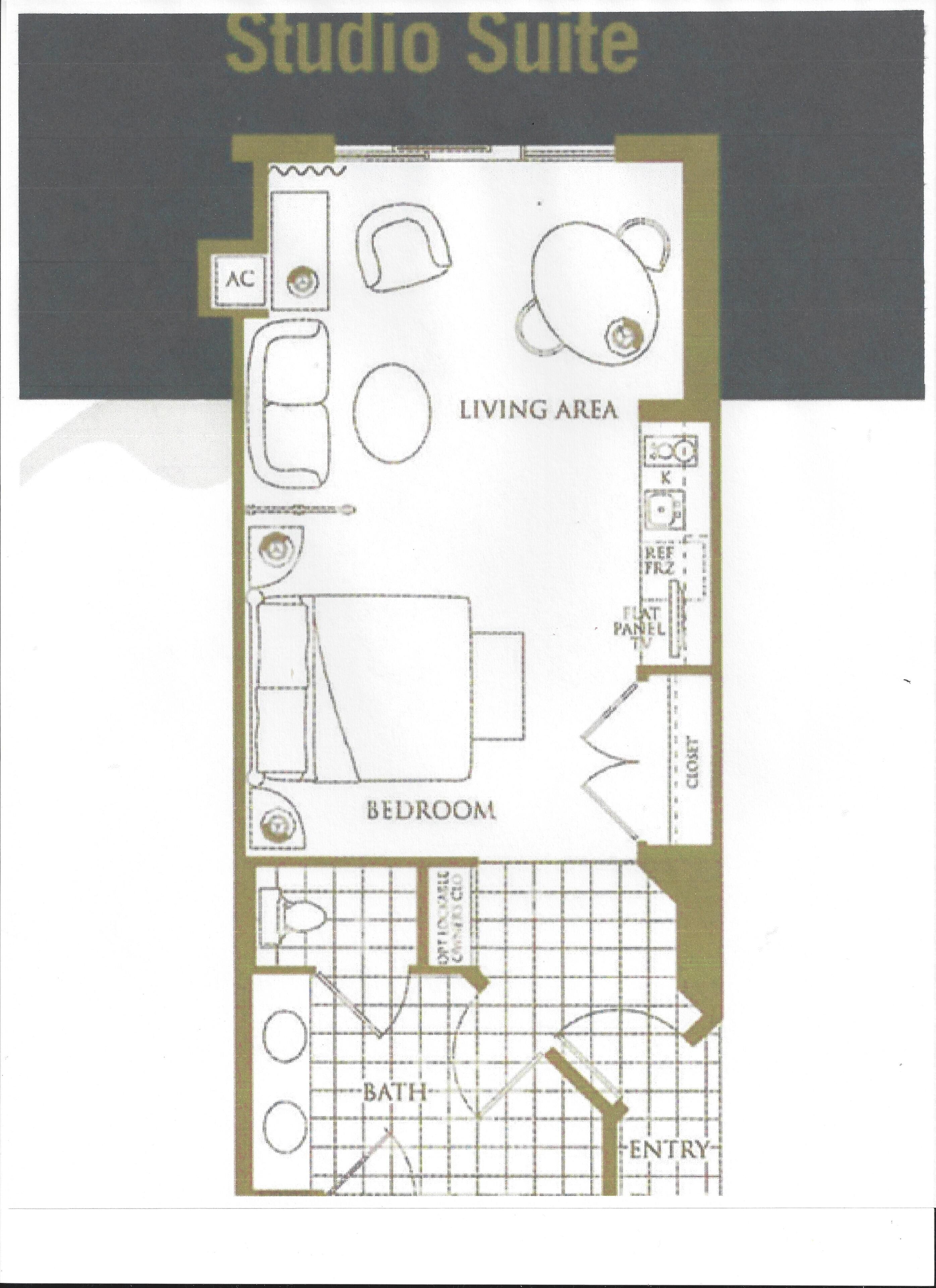 A studio suite layout with a living area, bedroom, bathroom, and entry.