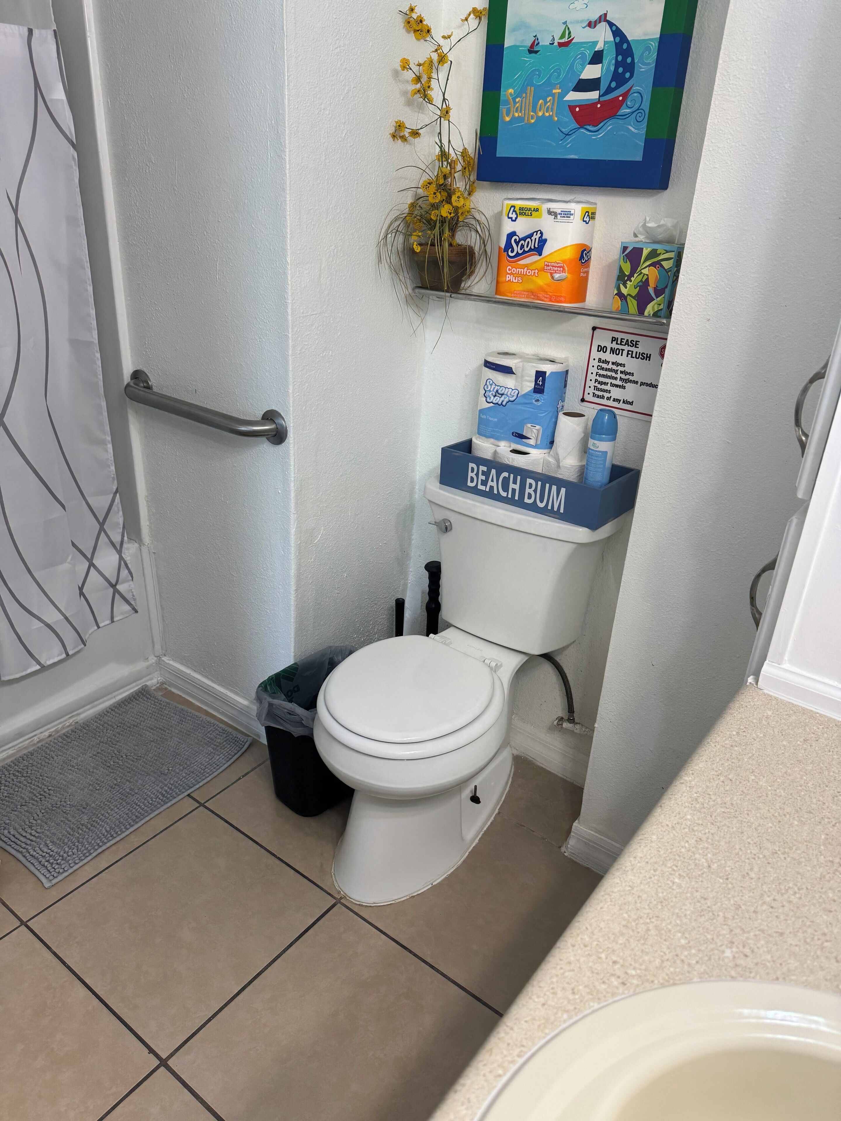 Ein Badezimmer mit Toilette, einem Mülleimer, einem Regal mit Toilettenpapier und Reinigungsmitteln, einer Tür mit Handläufer und einer kleinen Pflanze.