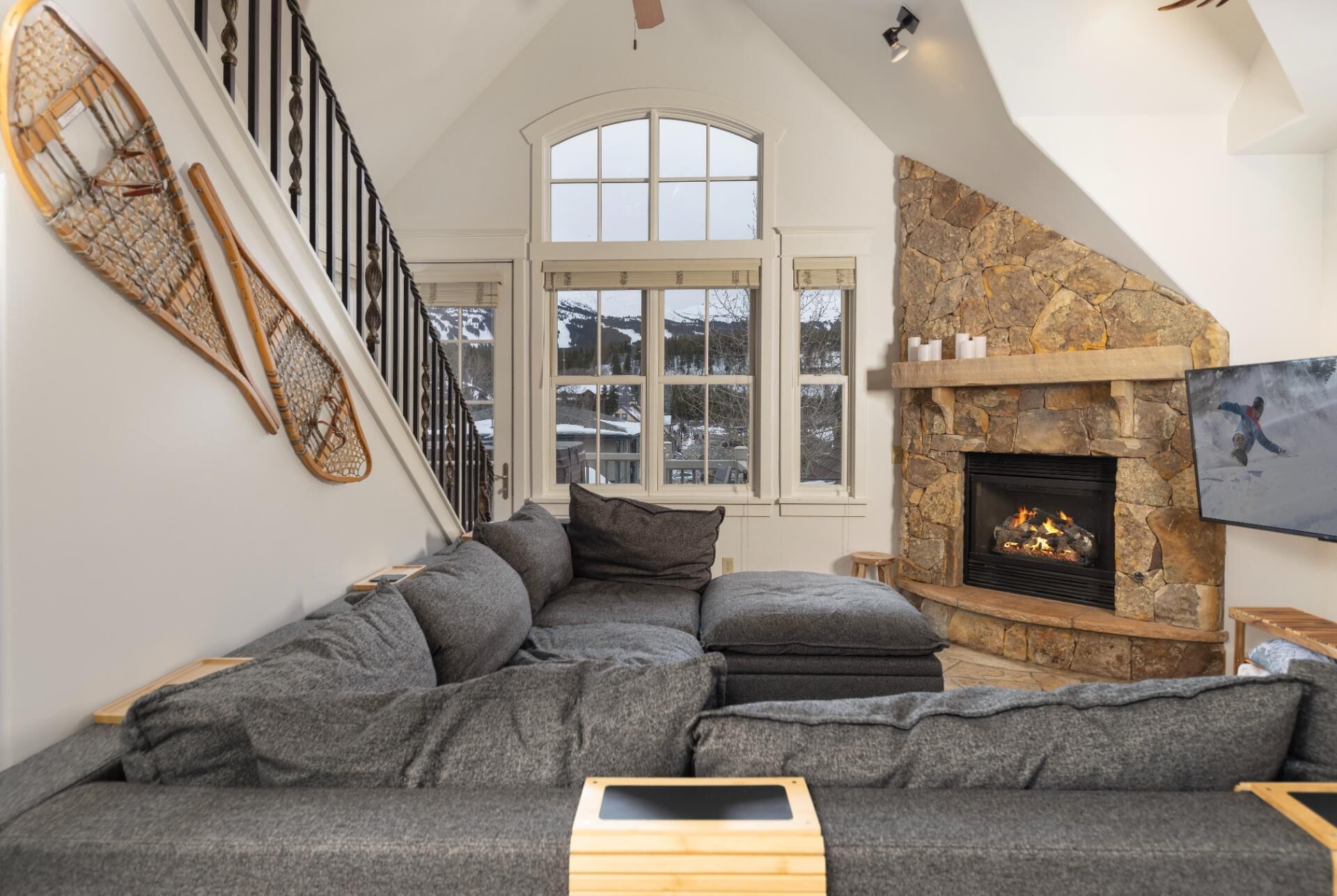 TV, fireplace, foosball