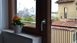 A window with a potted plant on the sill, a balcony railing, and a view of buildings in the distance. - STUDIO WITH VIEW NEAR THE COLOSSEUM (Roma)