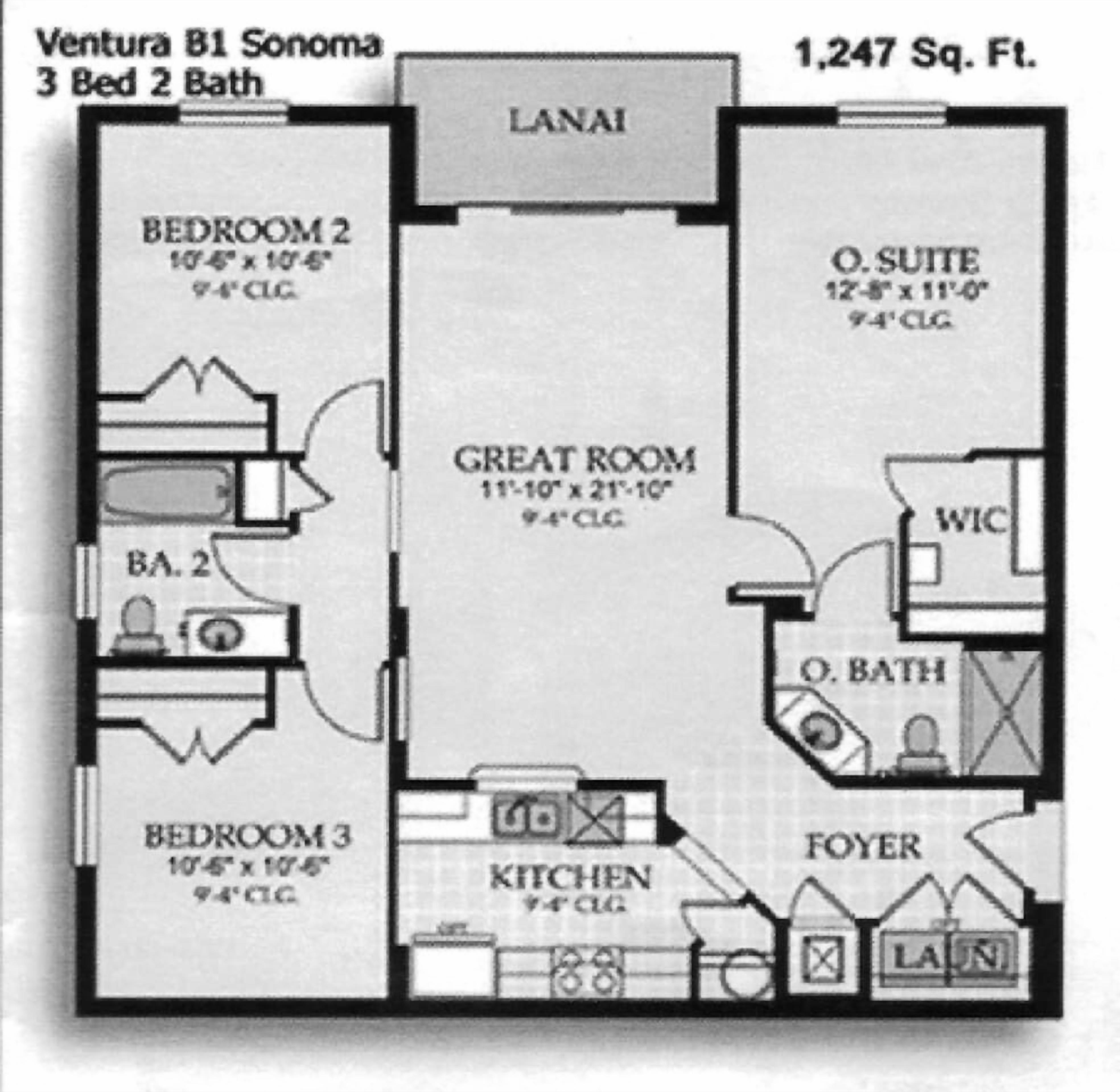 Plattegrond van een huis met 3 slaapkamers en 2 badkamers, met een totale oppervlakte van 115 vierkante meter. Het omvat een veranda, een ruime woonkamer, een keuken, een entree, een badkamer en twee slaapkamers.
