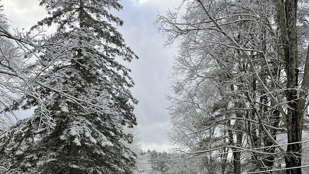Eine Steinsäule mit einem Metallgitter, schneebedeckte Bäume und ein Zelt in einer verschneiten Landschaft.