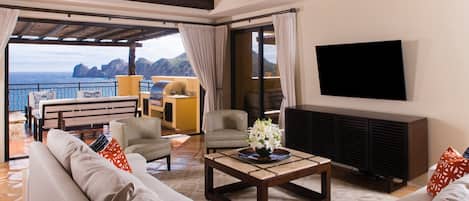 Smart TV, fireplace, video games, DVD player