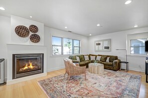 TV, fireplace, DVD player, books