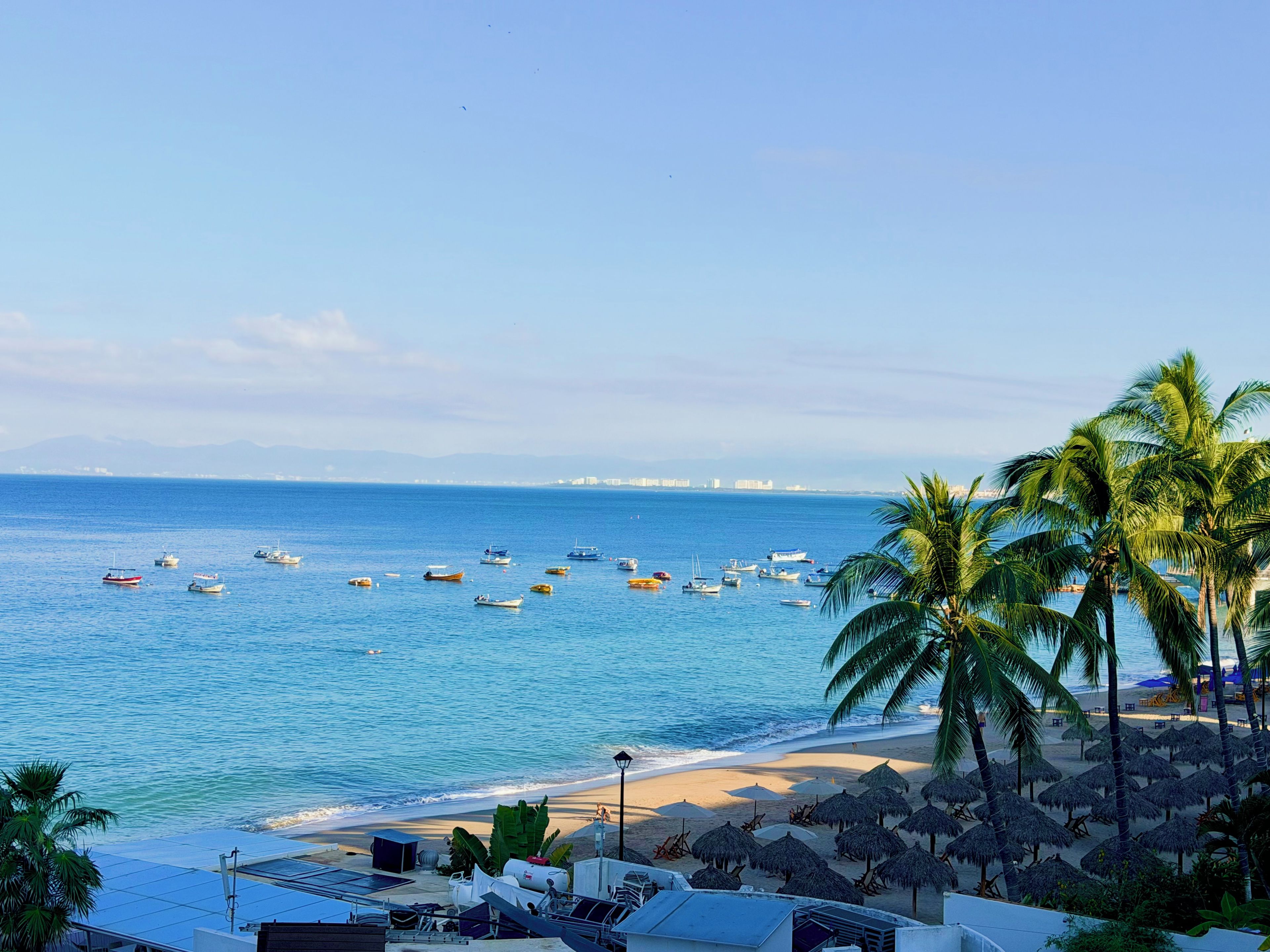 Une plage avec des bateaux, des palmiers et un ciel dégagé.