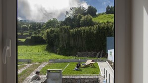 Una habitación con un ventanal grande que da a una zona verde con una estructura de piedra y una mesa de madera.