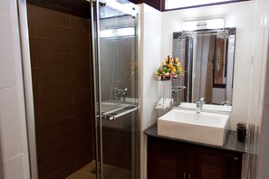 Dusche, Haartrockner, Handtücher, Seife