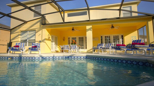 A heated pool, pool loungers
